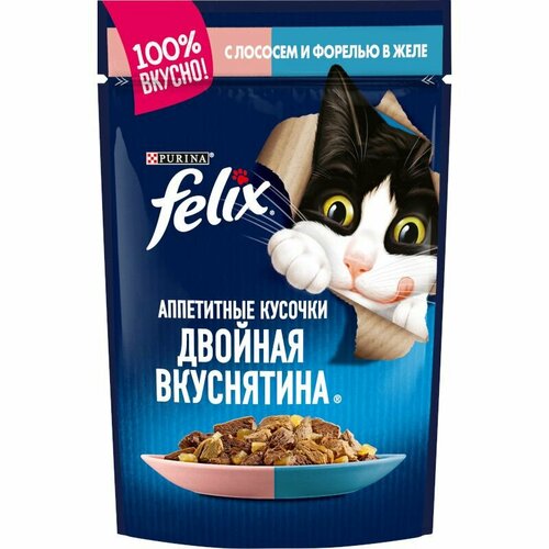 Felix двойная вкуснятина влажный корм для кошек в желе с лососем и форелью 75г х 78шт фото, описание