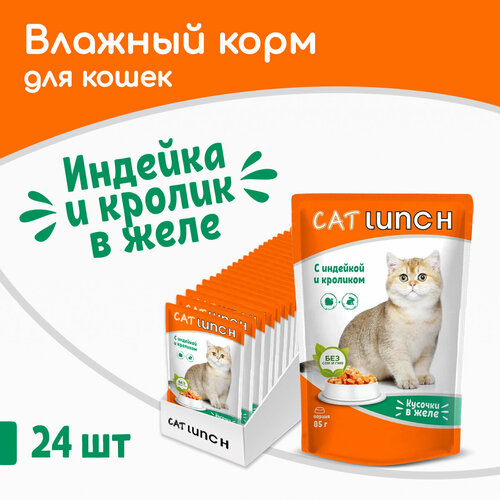 Влажный корм Cat Lunch кусочки в желе Индейка и Кролик для кошек, пауч 85гх24шт фото, описание