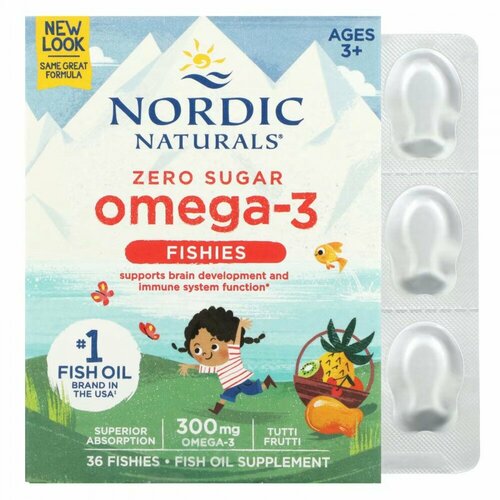 Nordic Naturals, Nordic Omega-3 Fishies, рыбки с омега-3, для детей от 2 лет, вкус тутти-фрутти, 300 мг, 36 рыбок фото, описание