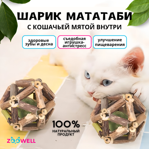 Игрушка для кошек ZooWell шар из палочек Мататаби Actinidia polygama для чистки зубов с кошачьей мятой 6см фото, описание