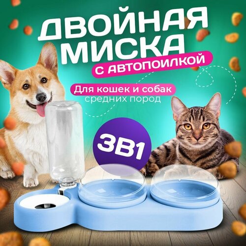 Миска 3 в 1 голубая/автопоилка/для животных, для кошек и собак/на подставке фото, описание