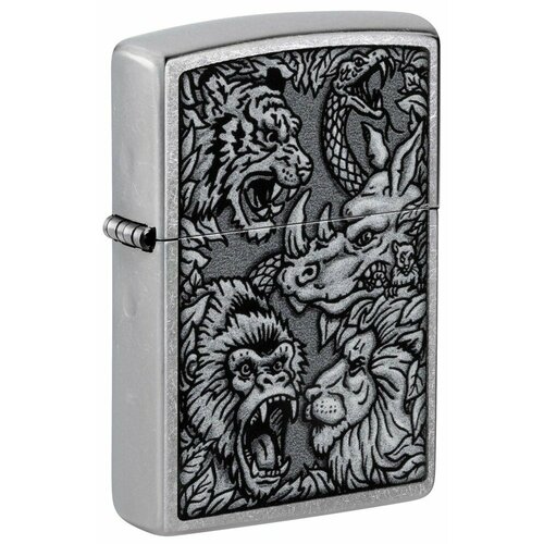 Зажигалка ZIPPO Jungle Design с покрытием Street Chrome, латунь/сталь, серебристая, 38x13x57 мм фото, описание