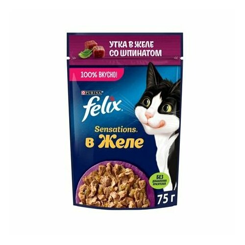 Felix Sensations 75 г пауч влажный корм для кошек, с уткой в желе со шпинатом 78 шт фото, описание