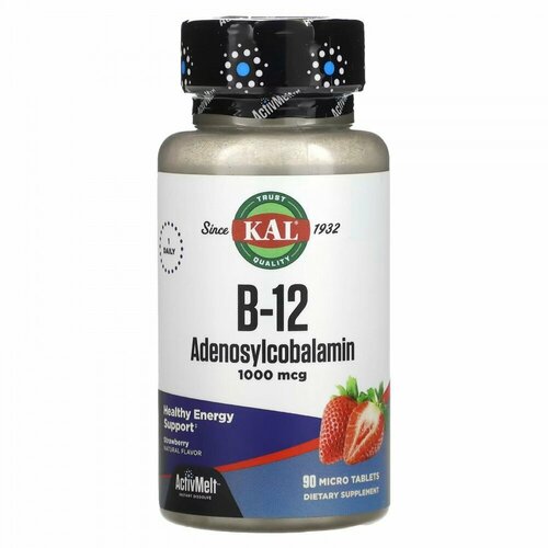 KAL, B-12 Adenosylcobalamin, Strawberry, 1,000 mcg, 90 Micro Tablets фото, описание