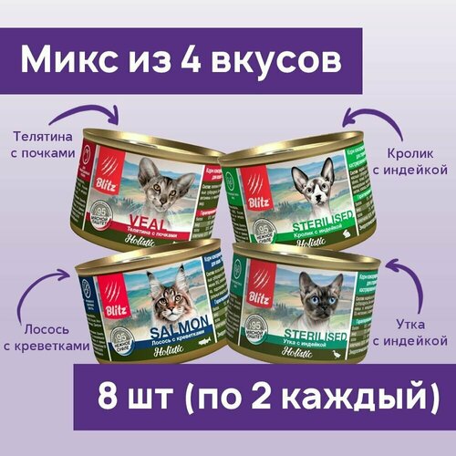 Влажный корм для кошек Blitz Holistic 200г*8шт Микс из четырёх вкусов консервы фото, описание