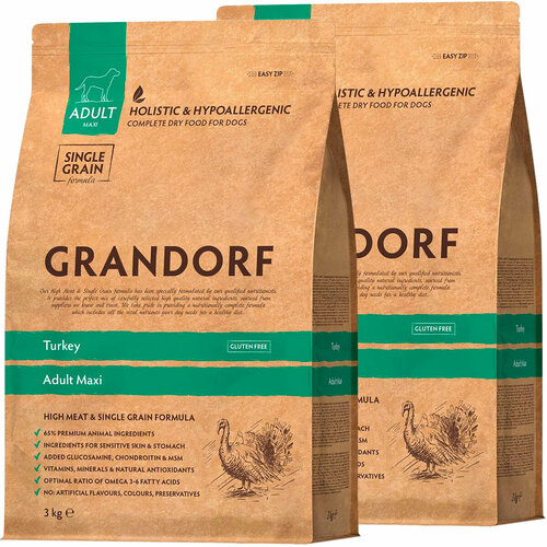 GRANDORF SINGLE GRAIN DOG ADULT MAXI TURKEY низкозерновой для взрослых собак крупных пород с индейкой (3 + 3 кг) фото, описание