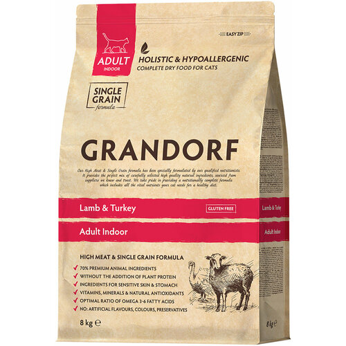 GRANDORF SINGLE GRAIN CAT AD INDOOR LAMB&TURKEY низкозерн для взр кошек живущих дома ягненок индейка 8 кг фото, описание