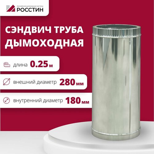 Труба сэндвич для дымохода изолированная L250 двухконтурная D180-280 (304-0,5/430-0,5) росстин фото, описание