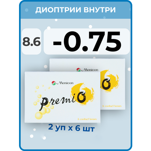 Контактные линзы Menicon Premio, 12 шт., R 8,6, D -0,75, бесцветный, 2 уп. фото, описание