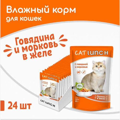 Влажный корм Cat Lunch кусочки в желе Говядина и Морковь для кошек, пауч 85гх24шт фото, описание