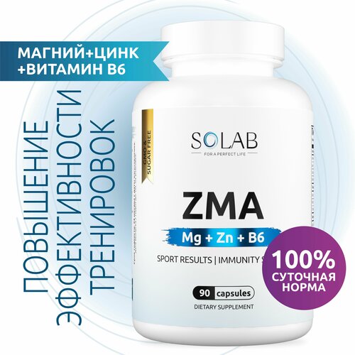 SOLAB ZMA+ Zn+Mg+B6, витамины для мужчин, ЗМА, цинк /магний /В6, 90 Капсул фото, описание