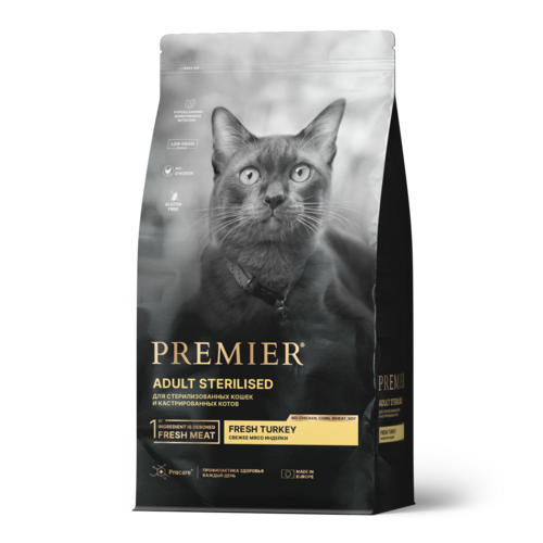 Premier Cat Turkey STERILISED 400 г сухой корм для кошек свежее мясо индейки фото, описание