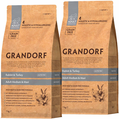 GRANDORF GRAIN FREE DOG ADULT MEDIUM & MAXI RABBIT & TURKEY беззерновой для взрослых собак средних и крупных пород с кроликом и индейкой(1 + 1 кг) фото, описание