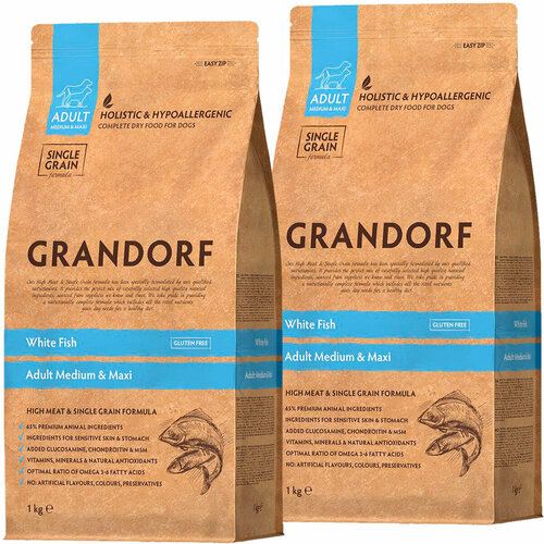 GRANDORF SINGLE GRAIN DOG ADULT MEDIUM & MAXI WHITE FISH низкозерновой для взрослых собак средних и крупных пород с белой рыбой (1 + 1 кг) фото, описание