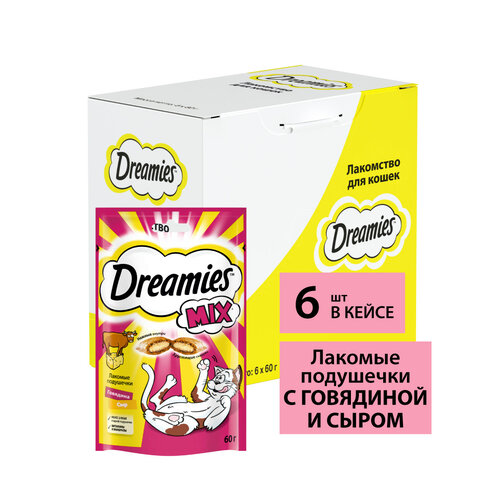 Лакомство для кошек  Dreamies Подушечки Mix, 360 г 6 уп. (шоу бокс) ассорти фото, описание