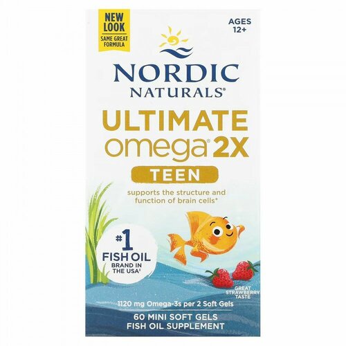 Nordic Naturals, Ultimate Omega 2X Teen, для подростков от 12 до 18 лет, со вкусом клубники, 60 мини-капсул фото, описание