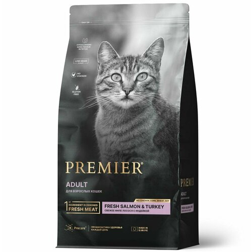 Сухой корм Premier Cat Salmon & Turkey ADULT (Свежее филе лосося с индейкой для кошек) 2 кг фото, описание