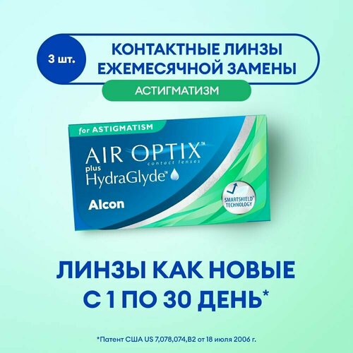 Контактные линзы Alcon Air optix Plus HydraGlyde for Astigmatism., 3 шт., R 8,7, D +2, CYL: -0,75, AХ: 110 фото, описание