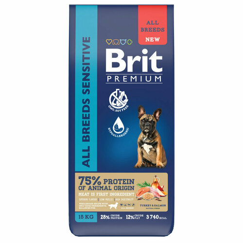 Brit Premium Dog Adult Sensitive сухой корм для взрослых собак всех пород с чувствительным пищеварением, с индейкой и лососем - 15 кг фото, описание