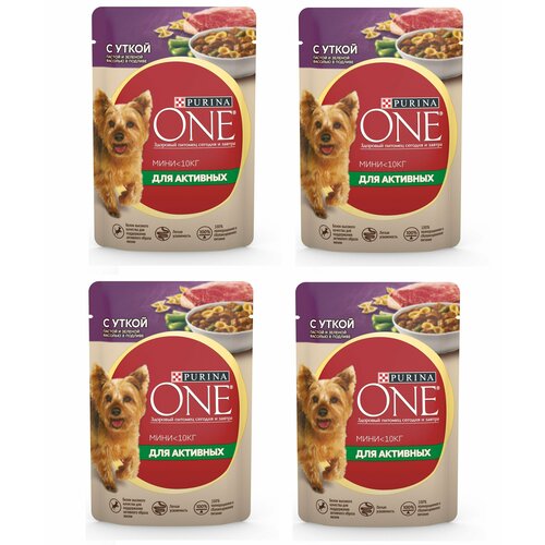 Влажный корм Purina ONE мини для активных, для собак мелких пород, с уткой, пастой и зеленой фасолью в подливе 85 гр 4 шт фото, описание