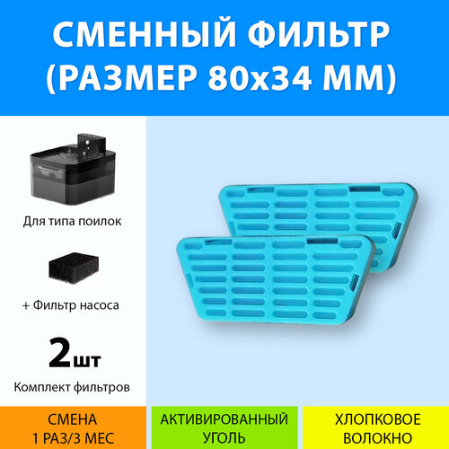 Фильтр для беспроводной автопоилки (2 шт.) сменный/запасной, размер фильтра 80x34 мм, форма трапеция, с активированным углем, с губкой в комплекте от MY PET`S GADGETS фото, описание