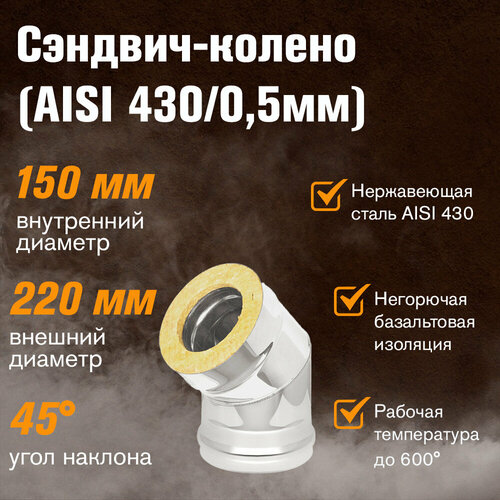 Сэндвич-колено Нержавейка+Нержавейка (AISI 430/0,5мм) 45 градусов 2 секции (150х220) фото, описание