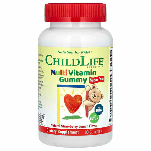 ChildLife Essentials, Мультивитаминные жевательные мармеладки, без сахара, натуральная клубника и лимон, 90 жевательных таблеток фото, описание