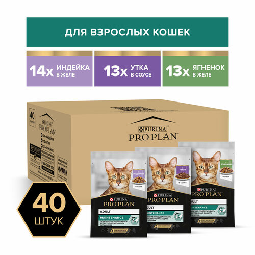 PRO PLAN 40x85 г влажный корм для взрослых кошек, вкусные кусочки с индейкой в желе, нежные кусочки с уткой в соусе, вкусные кусочки с ягненком в желе MIX фото, описание