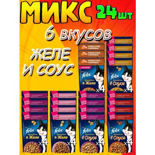 Микс 6 вкусов Феликс Sensations в соусе и желе, для взрослых - 24 штуки фото, описание