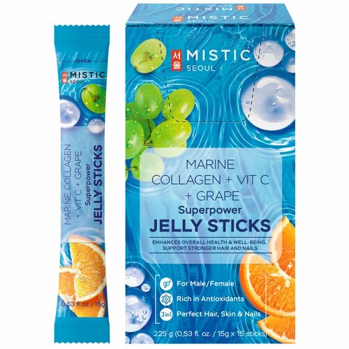 MISTIC MARINE COLLAGEN + VIT C + GRAPE SUPERPOWER JELLY STICKS, 15pcs*15g/box cуперпауэр коллагеновые желейные палочки со вкусом винограда И С витамин фото, описание