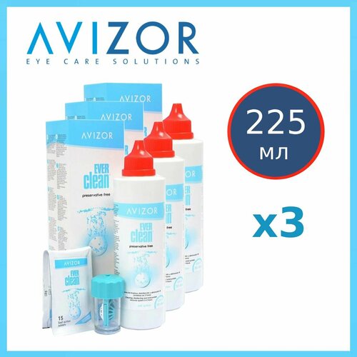 Раствор Avizor Ever Clean 225 мл + 30 таблеток х3, с контейнером для контактных линз фото, описание