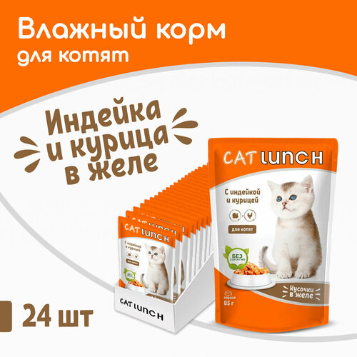 Влажный корм Cat Lunch кусочки в желе с индейкой и курицей для котят, пауч 85гх24шт фото, описание