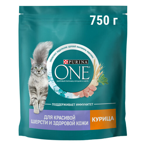 Сухой корм Purina ONE® для взрослых кошек для красивой шерсти, здоровой кожи и контроля образования волосяных комков с курицей 750 г фото, описание