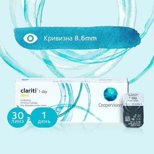 Контактные линзы CooperVision Clariti 1 day toric., 30 шт., R 8,6, D -4,75, CYL: -1,75, AХ: 70, ADD: +1.00 D, прозрачный, 1 уп. фото, описание