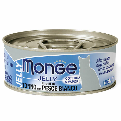 Влажный корм Monge jelly Adult cat для взрослых кошек с желтоперым тунцом и белой рыбой, консервы 80 г, 12 шт фото, описание