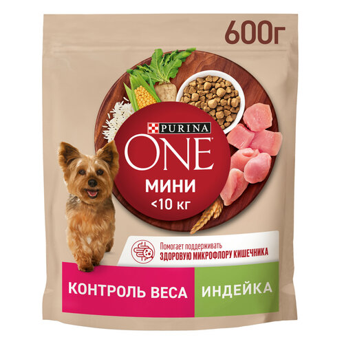 Сухой корм Purina ONE МИНИ Здоровый вес для собак мелких пород, склонных к набору веса с  индейкой и с рисом 600г фото, описание