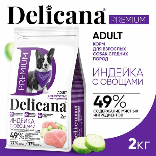 DELICANA Корм сухой для собак средних пород Индейка с овощами 2 кг фото, описание