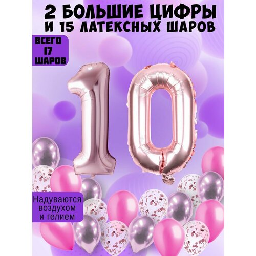 Набор шаров: цифры 10 лет + хром 5шт, латекс 5шт, конфетти 5шт фото, описание