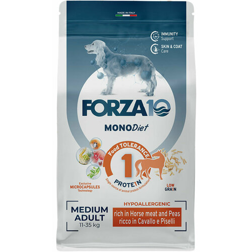 FORZA10 DOG MEDIUM MONODIET LOW GRAIN монобелковый низкозерновой для взрослых собак средних пород при аллергии с кониной и горохом (1,5 кг х 6 шт) фото, описание