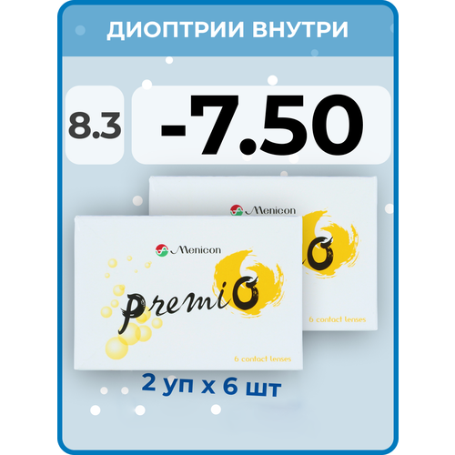 Контактные линзы Menicon Premio, 12 шт., R 8,3, D -7,5, бесцветный, 2 уп. фото, описание