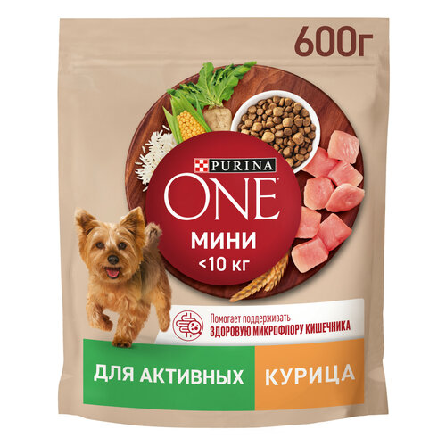 Сухой корм Purina ONE для собак мелких пород с активным образом жизни с курицей и рисом 600г фото, описание