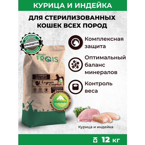 GLOGIN FRAIS CLASSIQUE сухой корм для стерилизованных кошек С курицей И индейкой, 12 КГ фото, описание