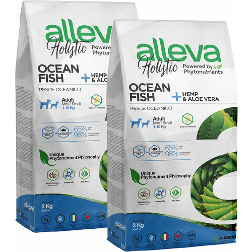 ALLEVA HOLISTIC ADULT DOG MINI OCEAN FISH беззерновой для взрослых собак маленьких пород с океанической рыбой, коноплей и алоэ вера (2 + 2 кг) фото, описание