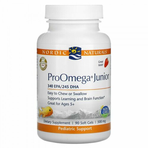 Nordic Naturals, ProOmega Junior, со вкусом клубники, 500 мг, 90 капсул (250 мг в 1 капсуле) фото, описание