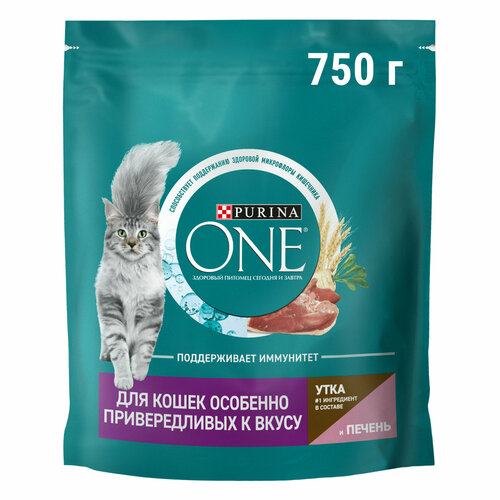 Сухой корм Purina ONE® полнорационный для кошек особенно привередливых к вкусу с высоким содержанием утки и c печенью, 750 г фото, описание