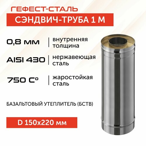 Сэндвич-труба для дымохода 1,0м, 150х220, AISI 430/430, 0,8 мм/0,5 мм, (К) фото, описание