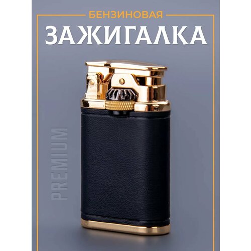 Chief зажигалка бензиновая, подарочная, черная кожа/золотистый фото, описание