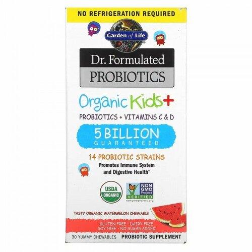 Garden of Life, Dr. Formulated Probiotics, Organic Kids +, со вкусом органического арбуза, 30 вкусных жевательных таблеток фото, описание