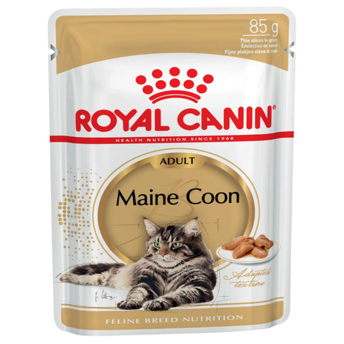 Влажный корм для взрослых кошек Royal Canin Мейн-кун, для здоровья кожи и блеска шерсти, мясное ассорти 10 шт. х 85 г (кусочки в соусе) фото, описание