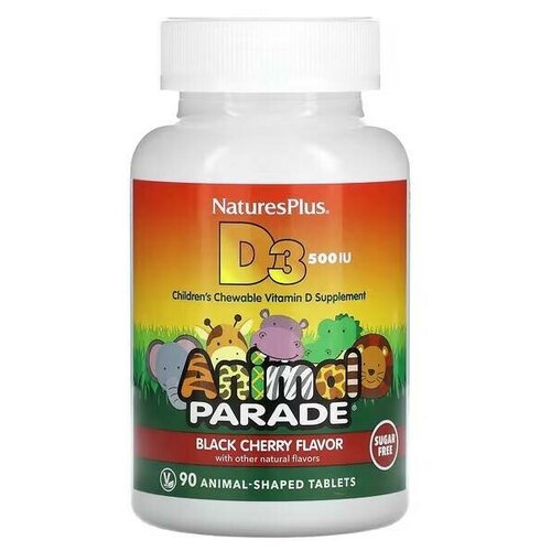 Nature’s Plus Source of Life, Animal Parade, витамин D3, без сахара, с натуральным вкусом черешни, 12,5 мкг (500 МЕ) 90 жевательные таблетки фото, описание